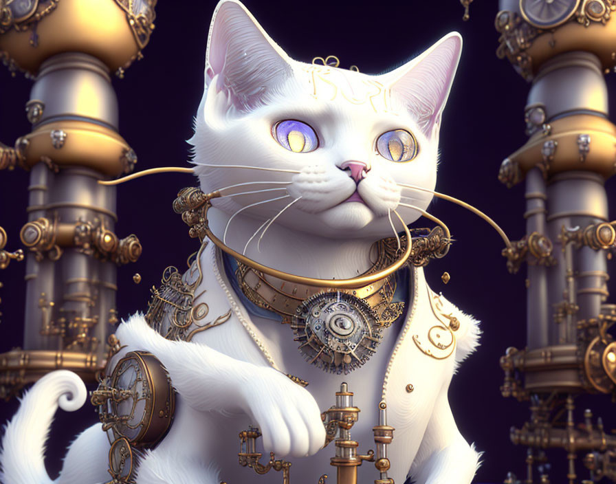 Steampunk-Inspired White Cat with Purple Eyes and Golden Mechanical Gears