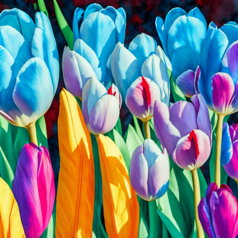 Colorful tulips in blue, purple, and orange under sunlight