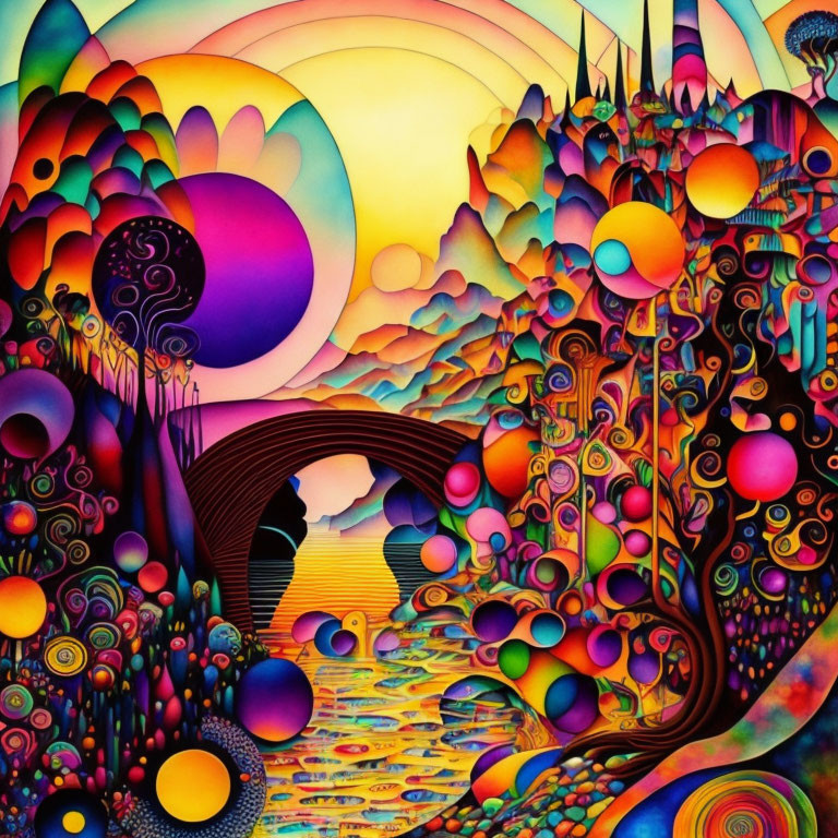 Colorful Psychedelic Landscape with River, Trees, and Sun-Moon Sky