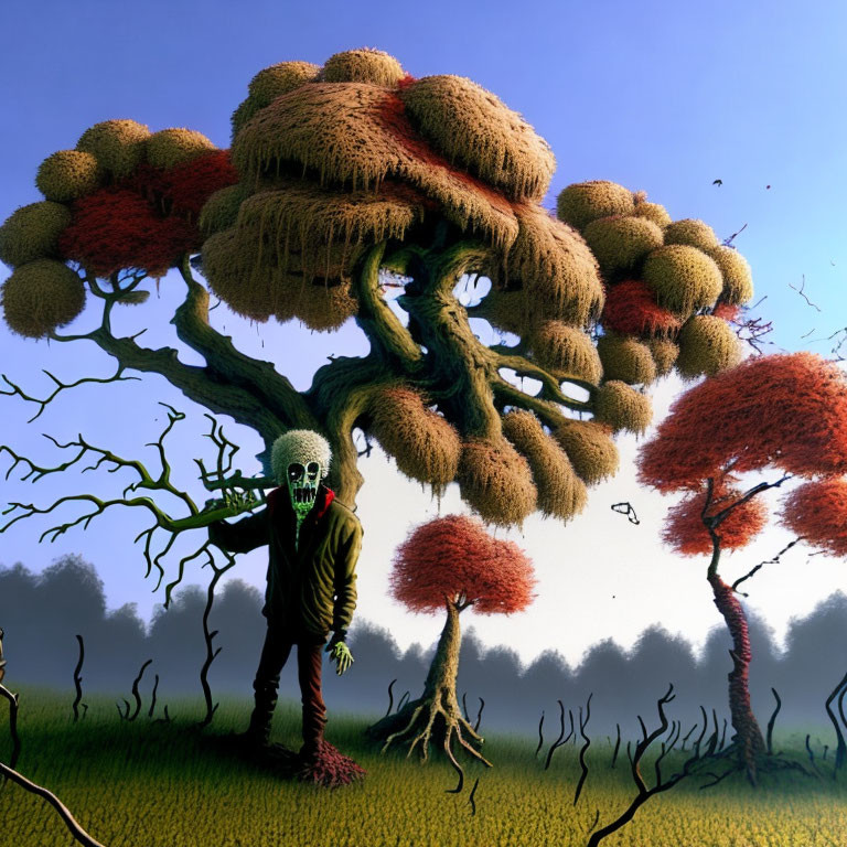 Skull-faced figure in suit under fantastical tree in surreal setting