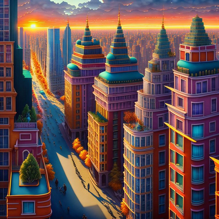 Futuristic cityscape with towering buildings at sunset