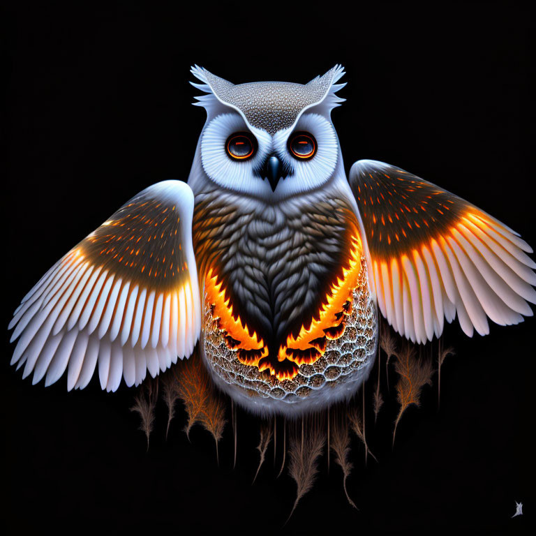 Fiery orange owl with intricate feather patterns on dark background