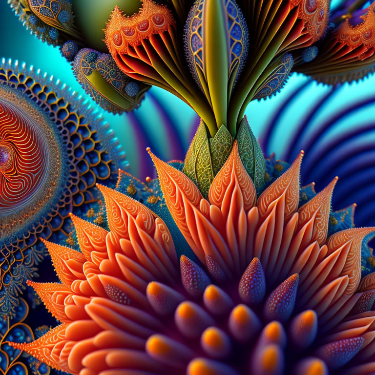 Intricate fractal image: Vibrant blues and oranges, abstract flower.