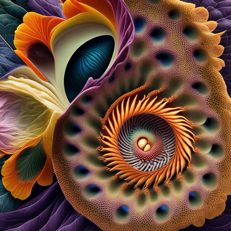 Abstract Digital Artwork: Vibrant Colors, Intricate Patterns, Eye and Flower Motifs