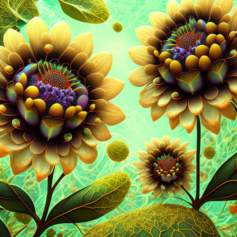 Stylized digital artwork of three yellow and brown flowers on a leafy green background