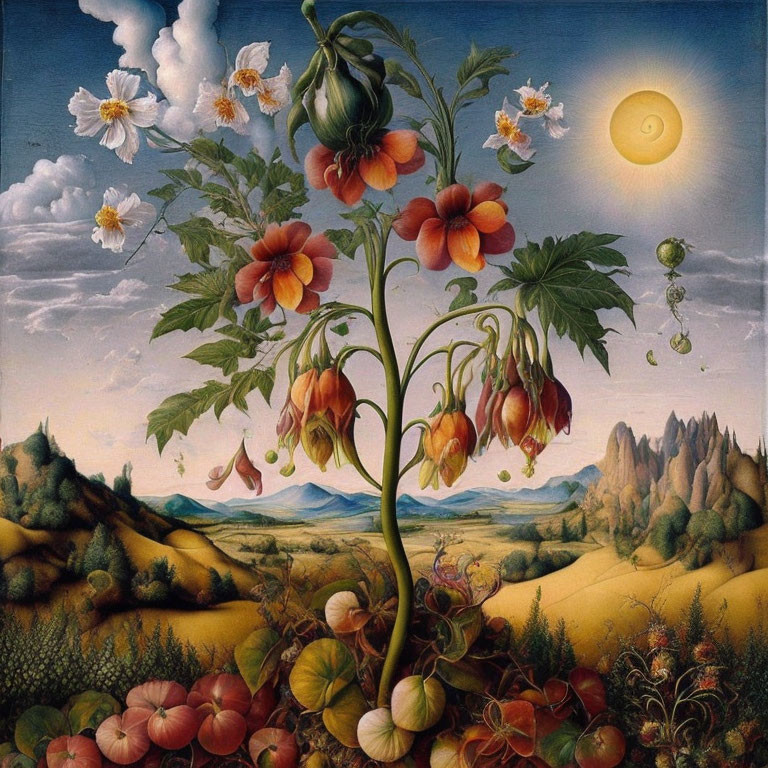 Surreal landscape with oversized flower, pumpkins, sun, and day-to-night sky