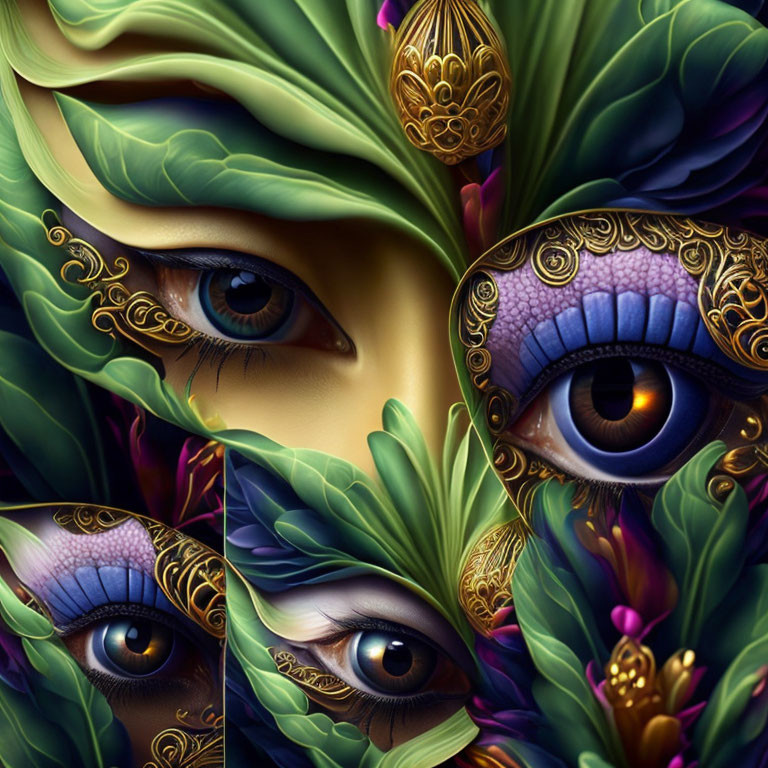 Colorful digital artwork: multiple eyes with intricate patterns and gold accents in green and purple foliage.