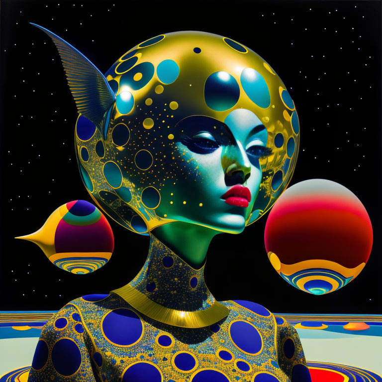 Colorful surreal humanoid figure in cosmic setting