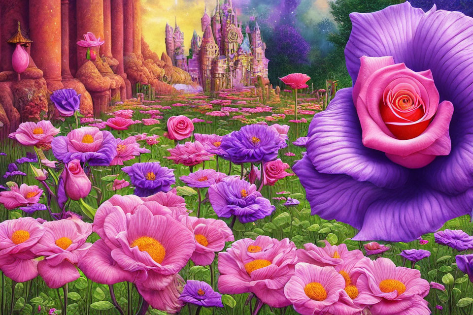 Vibrant illustration of magical garden with purple and pink flowers and fantasy castle