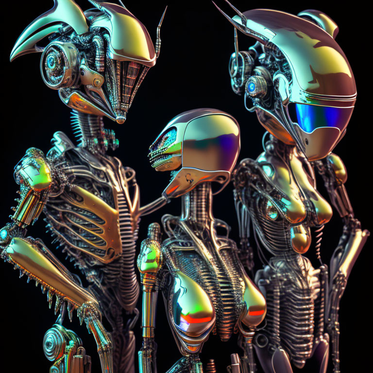 Colorful futuristic robots on dark background