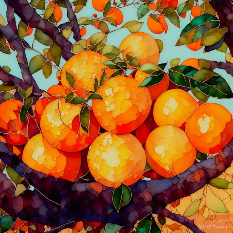 Colorful Watercolor Painting of Orange Fruit on Tree Branches