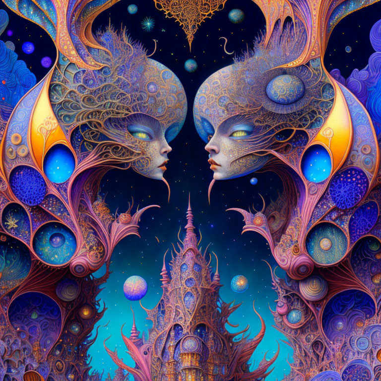 Colorful Psychedelic Illustration of Mirrored Faces with Cosmic Headdresses on Tower