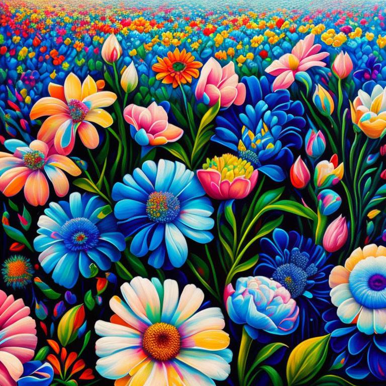 Colorful Flower Field Painting with Blue, Orange, Yellow, and Pink Blossoms