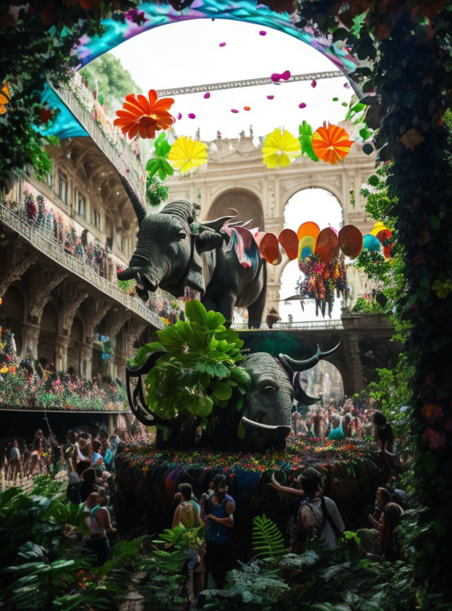 Colorful festival scene with floral elephant sculpture, bull, crowd, and hanging decorations.