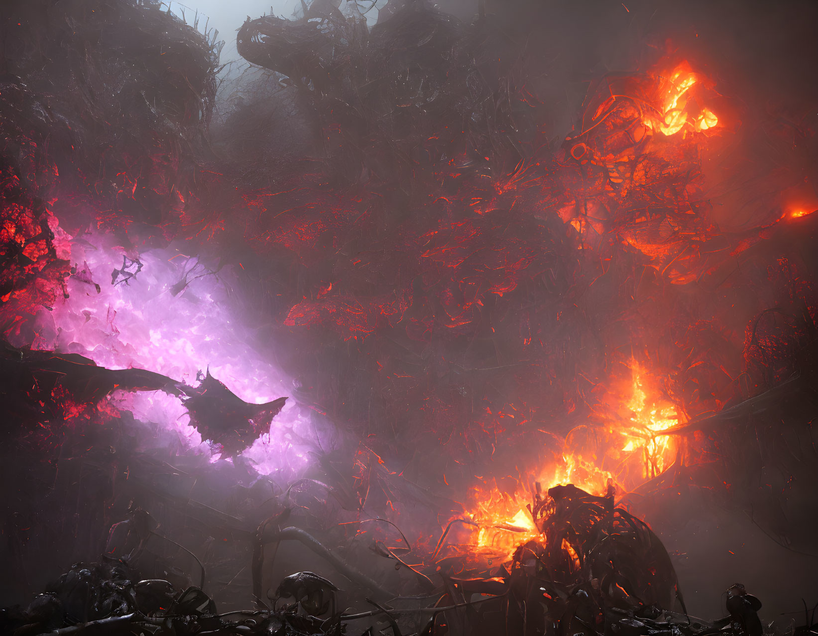 Purple energy beam clashes with fiery orange explosions amid dark silhouettes and debris