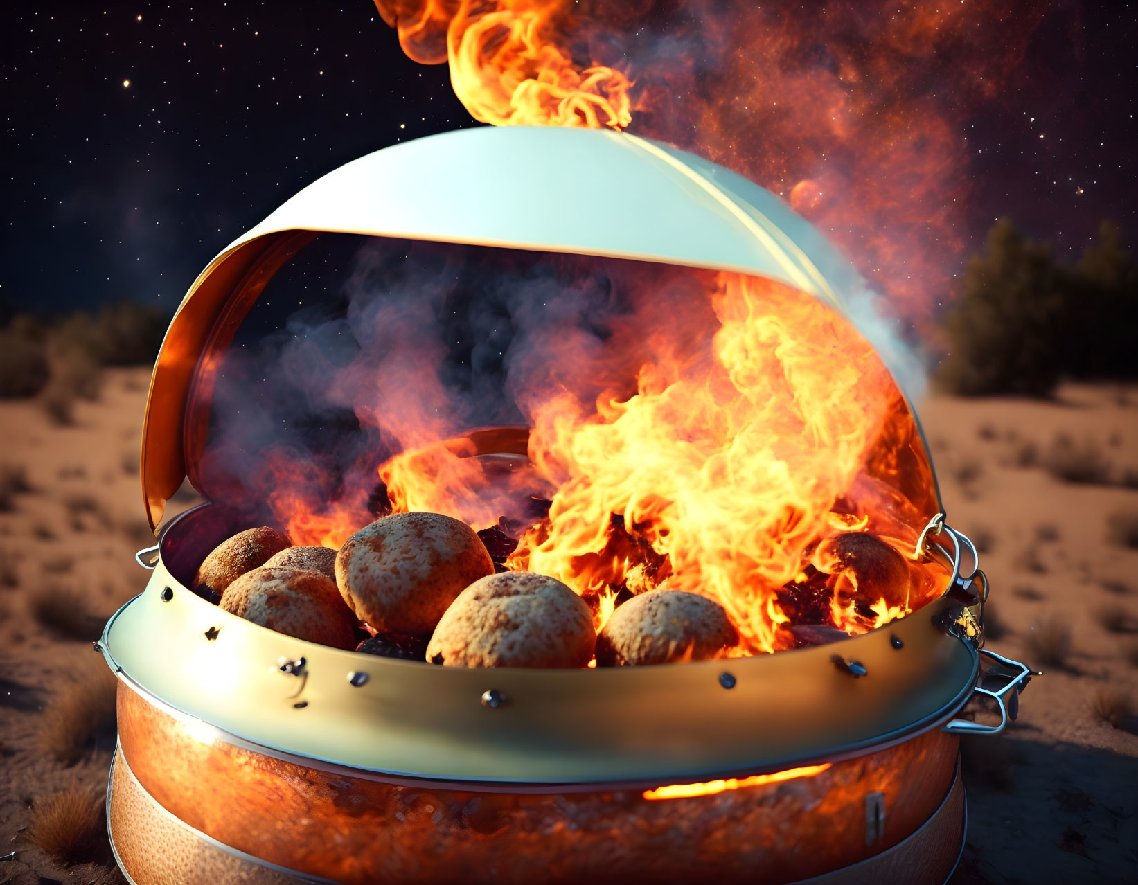 Realistic spherical copper-finished grill with open lid, blazing fire, glowing coals, under star