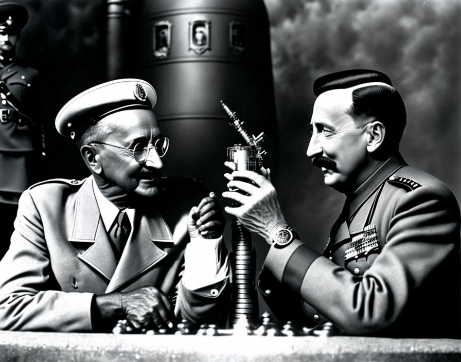 Military chess game with submarine periscope in background