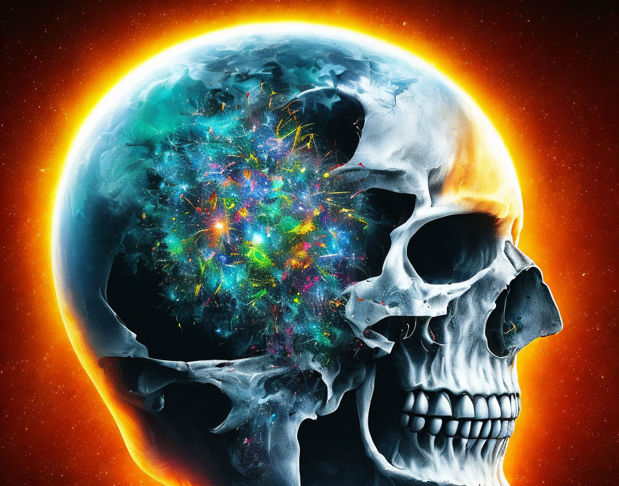 Digital artwork: Human skull merged with cosmic scene, colorful nebulae inside, set against orange solar