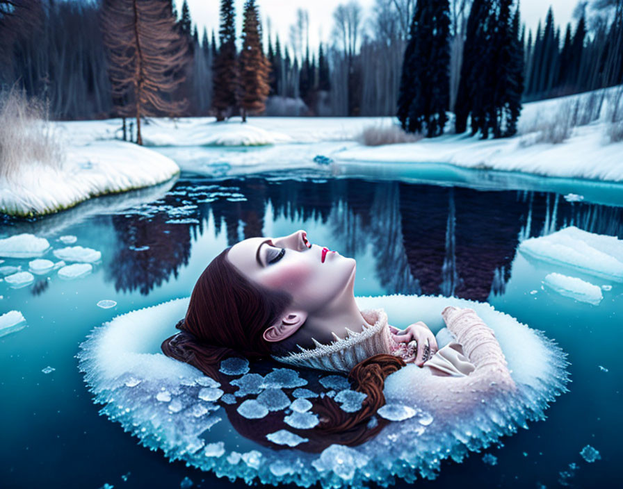 Red-haired woman floating on icy water in serene snowy landscape at dusk