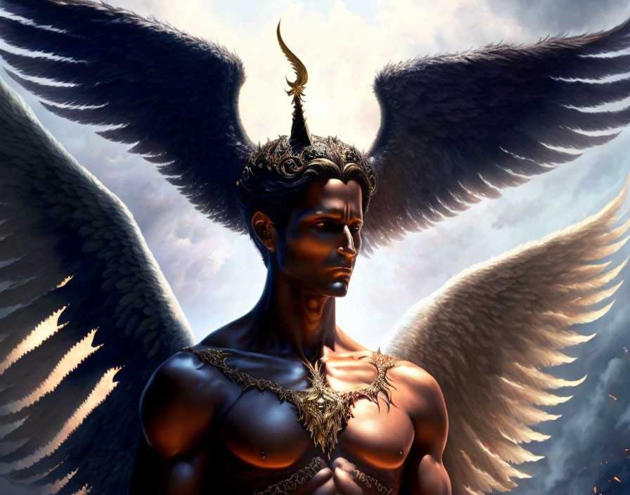 Detailed male figure with large wings, horn, and dramatic lighting.