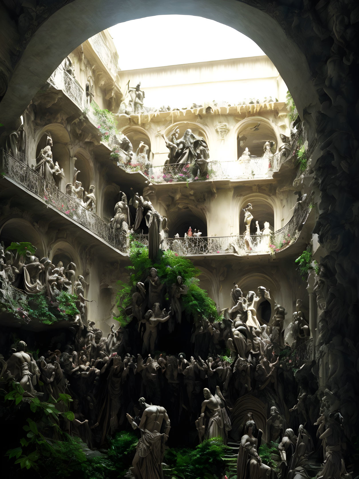 Sunlit atrium with classical statues and lush greenery