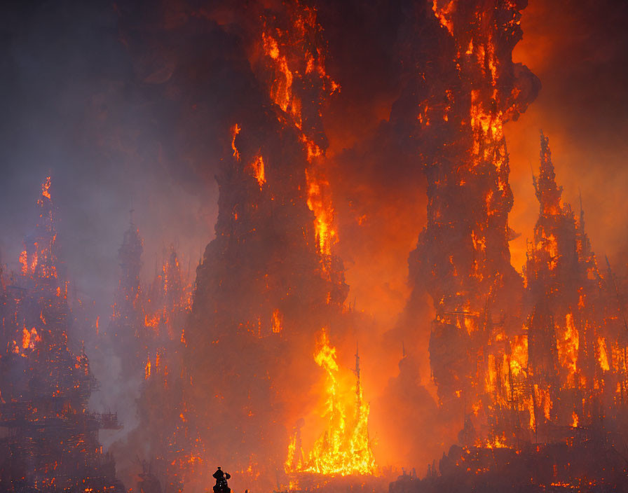 Silhouette of person watching massive fire consume intricate buildings