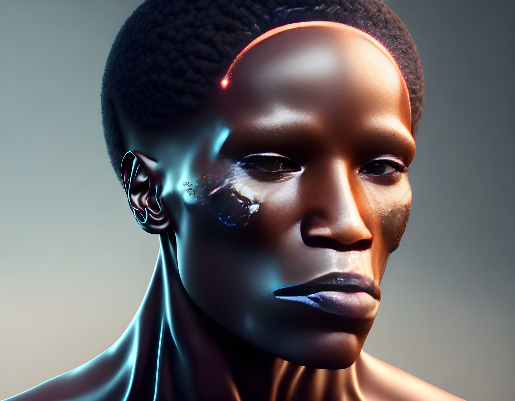 Photorealistic humanoid with dark metallic skin and futuristic design