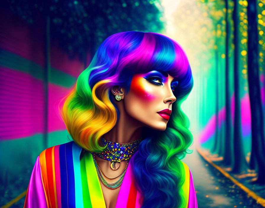 Colorful digital portrait of woman with rainbow hair, striking makeup, and jeweled choker in surreal