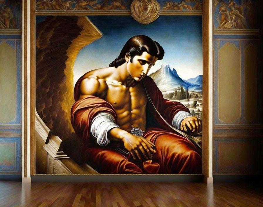 Surreal painting: Muscular man blending with architecture and classical elements