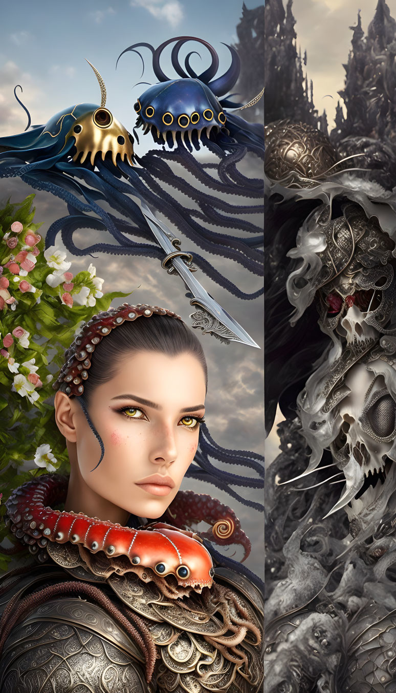 Fantasy-themed image: Warrior woman with tentacles, octopus creatures, and dark castle.