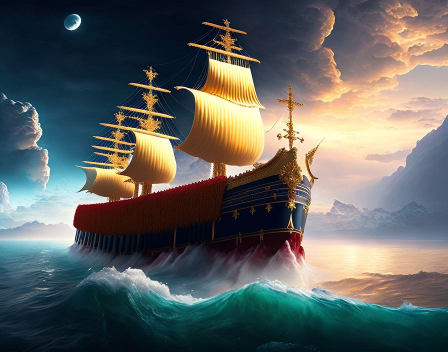 Ornate ship with golden sails on ocean waves under dramatic sky