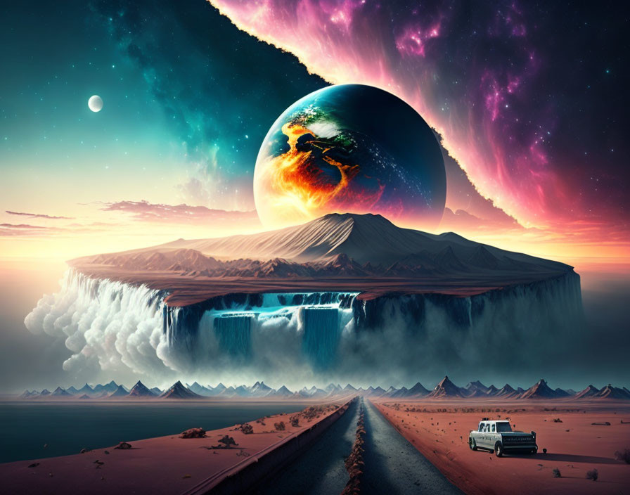 Surreal landscape with van, flat-topped mountain, waterfalls, giant planet, and colorful