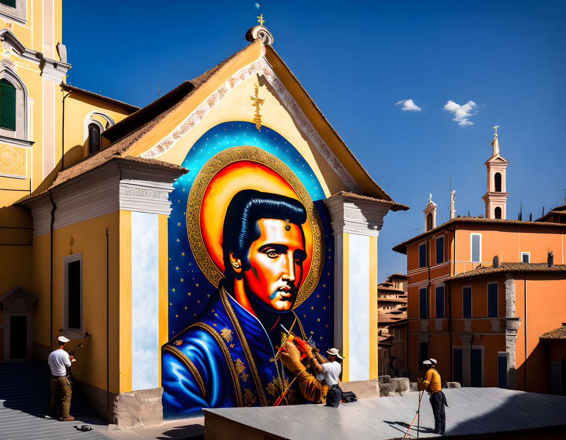 Colorful mural: Elvis as saint on church wall with workers and blue sky