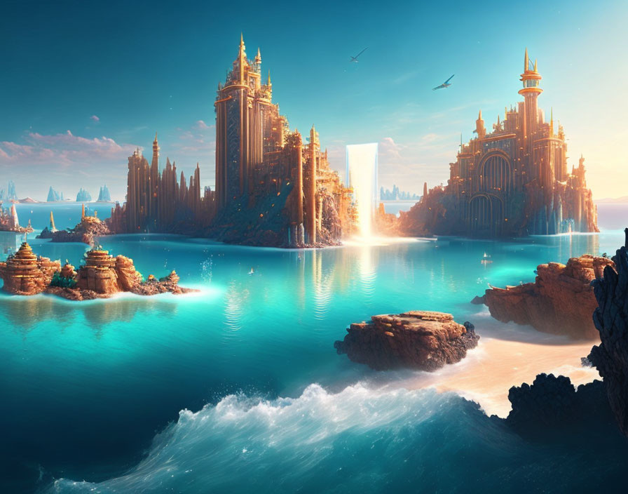 Majestic ocean city with towering spires and waterfalls