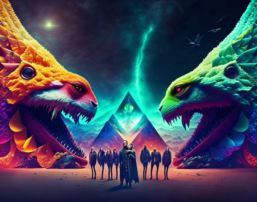 Colorful artwork: People, pyramid, dinosaurs under starry sky