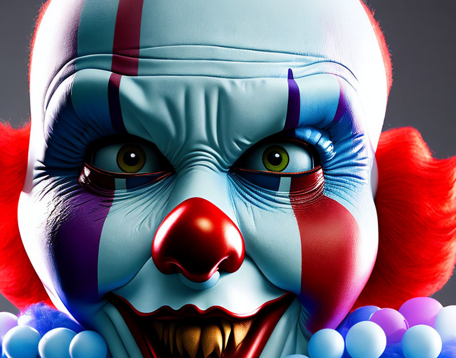 Detailed Close-Up of Menacing Clown with Painted Face in Primary Colors