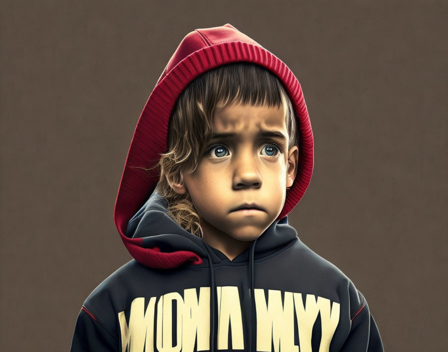 Young boy in red hoodie gazes upward with brown eyes.