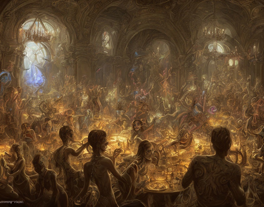 Ethereal beings celebrate in opulent hall with golden light