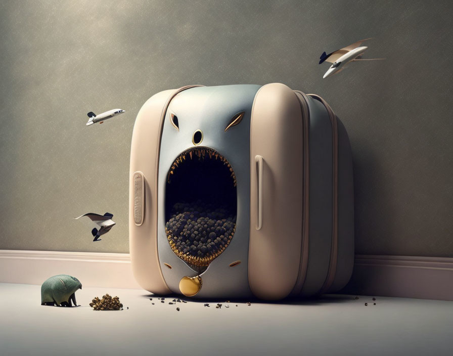 Surreal image: Creature head-shaped suitcase with open mouth cave interior & flying birds