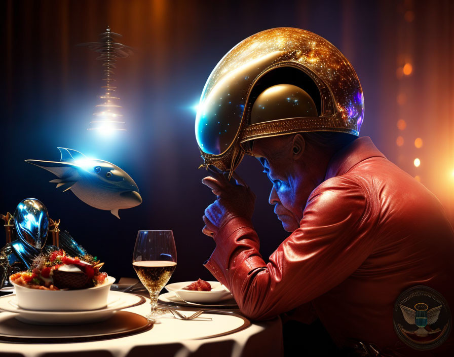 Astronaut in gold helmet with hovering fish amid lavish setting