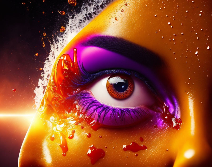 Vivid purple eyeshadow with splashing orange liquid makeup close-up