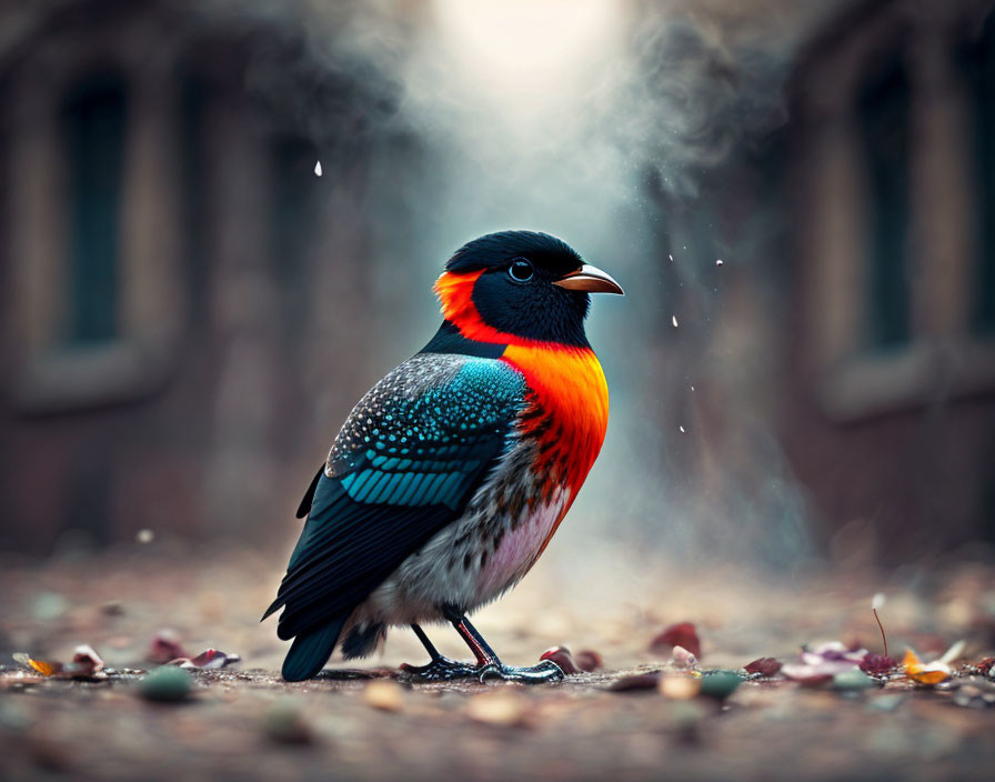 Colorful Bird with Orange, Blue, and Black Plumage in Misty Fall Setting