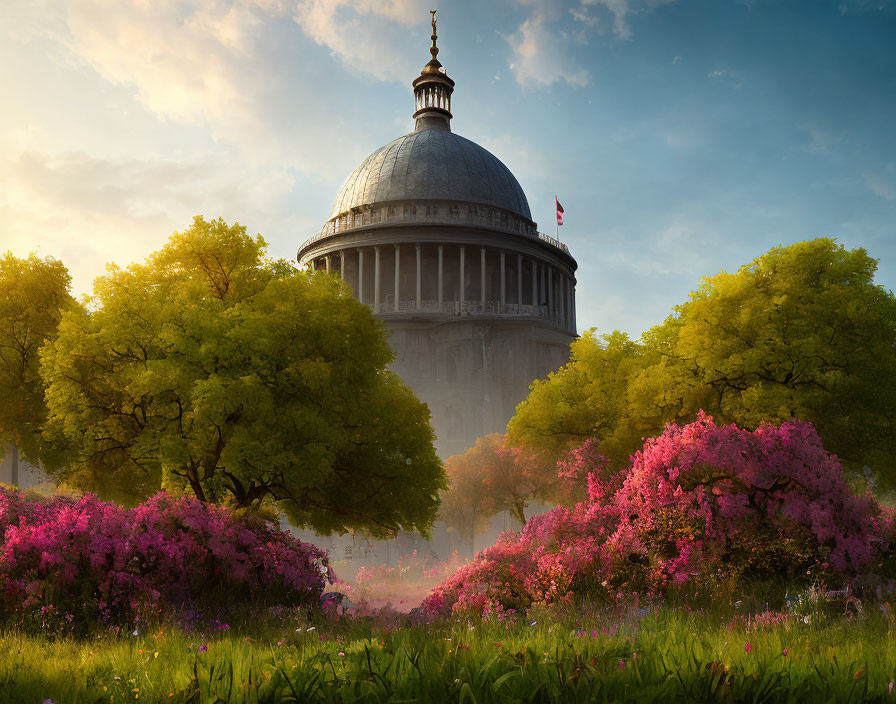 Dome building surrounded by lush trees and pink shrubs