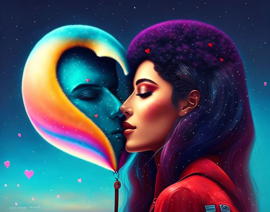 Digital artwork: Woman with cosmic hairstyle and male figure with heart-shaped space scene