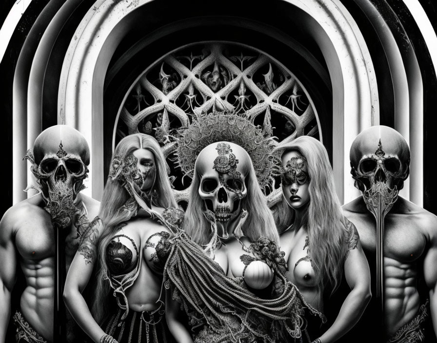 Monochromatic image of five skeletal-faced figures in ornate surroundings