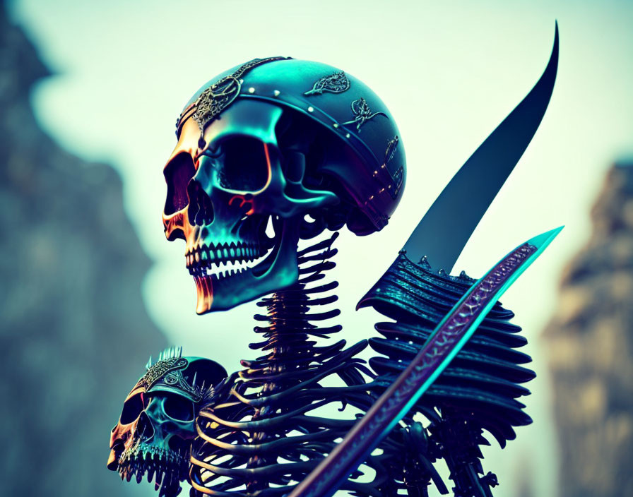 Metallic skeletal figure with decorated skull in blue helmet against blurred background