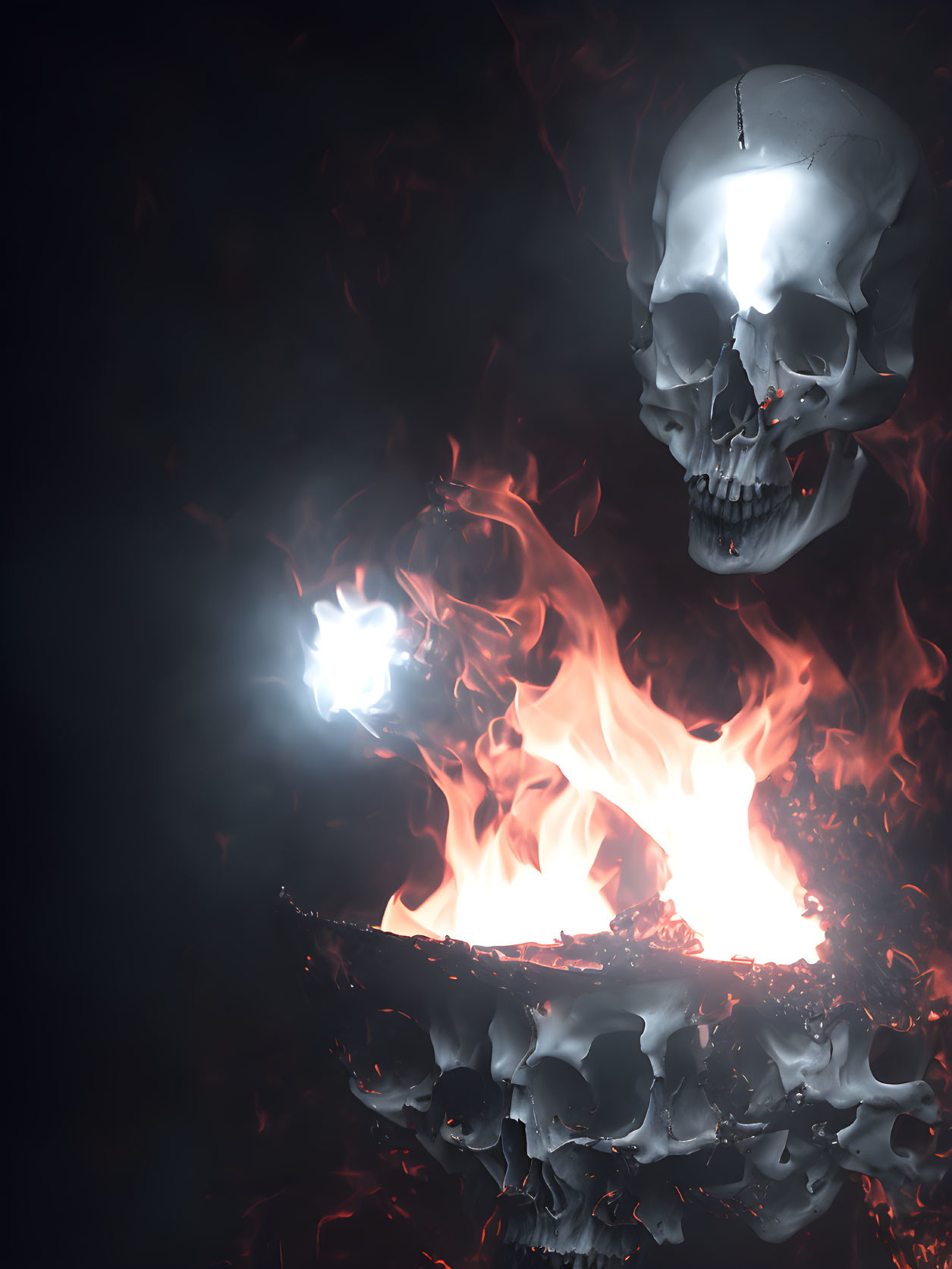 Metallic human skull above blazing inferno with fiery embers