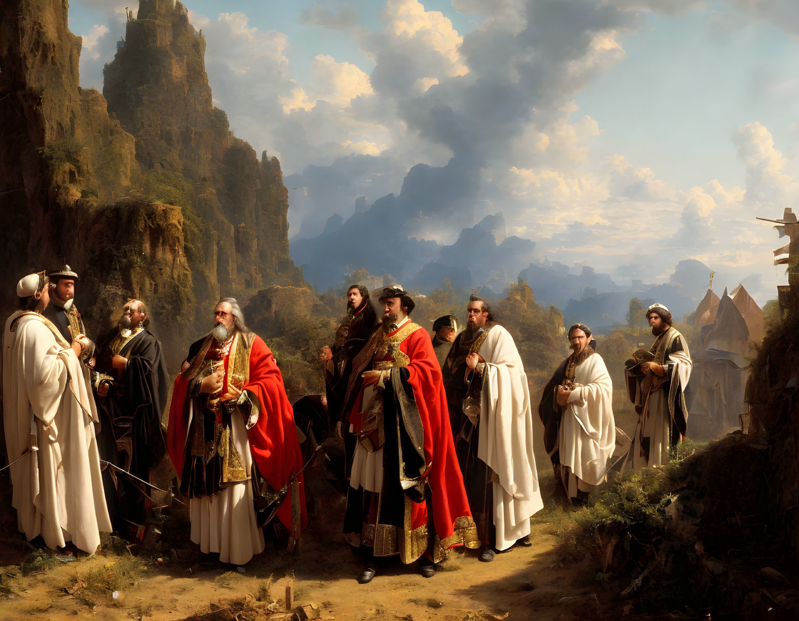 Medieval figures in ornate robes converse in mountainous landscape