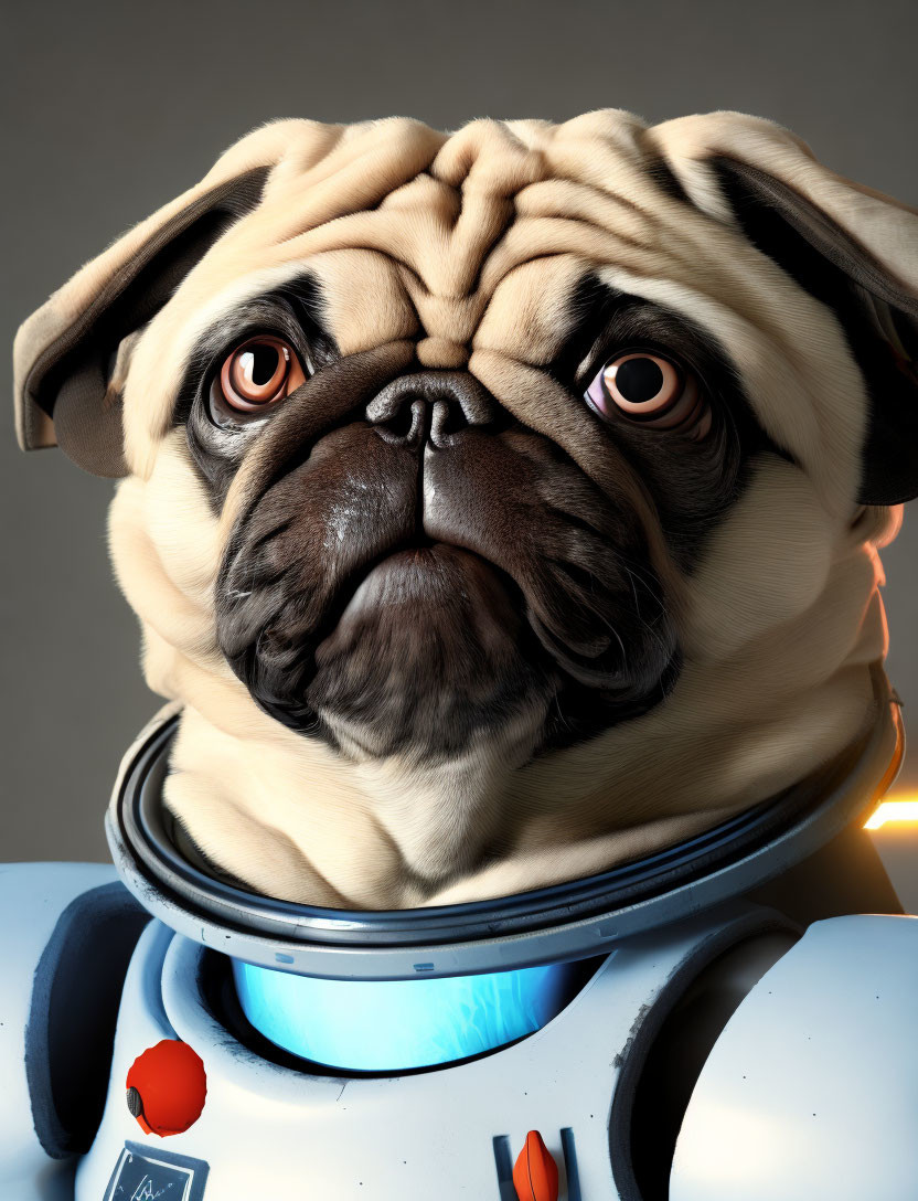 Realistic digital illustration of pug dog in astronaut suit