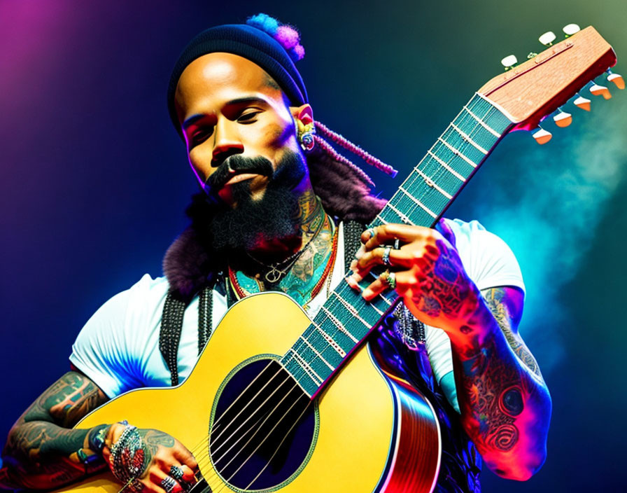 Tattooed musician with piercings plays guitar against vibrant backdrop